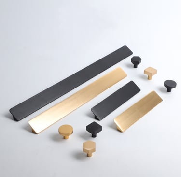 45° bevel cabinet handles in black and gold with rounded edges, showing sleek brushed texture and ergonomic design