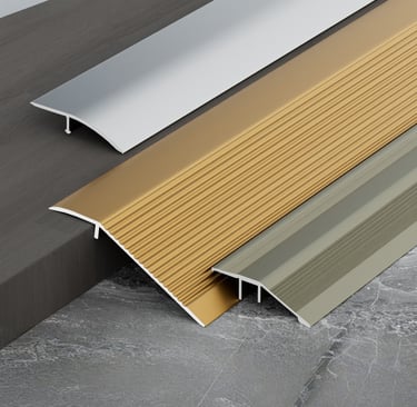 Silver gold and gray metal floor transition strips for connecting different flooring surfaces, decorative and functional floo