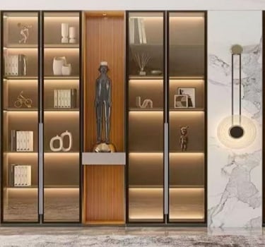 Aluminum frame glass door display cabinet with LED lighting, showcasing matte black frame and clear tempered glass