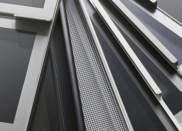 Assorted styles of metal ventilation decorative panels, including grid-textured and flat design architectural building materi