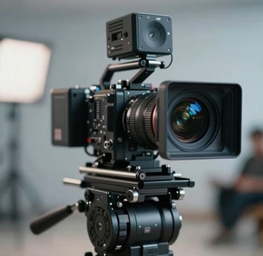 Close-up of a high-end 4K cinema camera mounted on a professional gimbal system. The camera lens has blue-tinted reflections (#415A77). The background is a blurred film set with soft bokeh in shades of #A0B0C0. Sophisticated and high-tech vibe.
