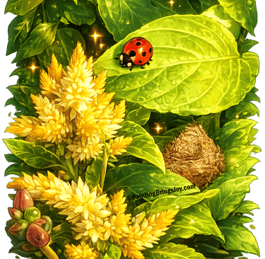 Painting Brings Joy Ladybug with leaves nest sunshine