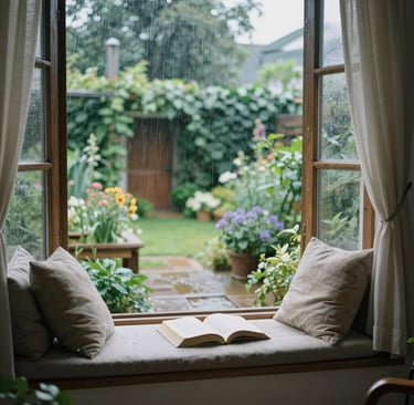 A cozy reading nook with a stack of novels and a steaming cup of tea by a window.