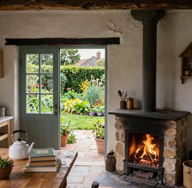 A cozy cottage with old books, a fireplace and a cup of coffee