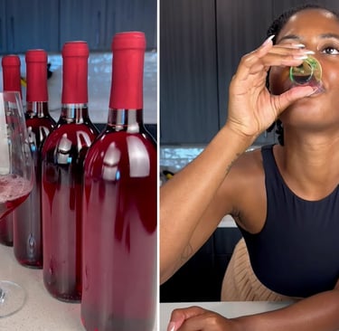 a woman drinking wine and a glass of wine