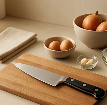 A chef's knife on a wooden cutting board with eggs, onions, garlic and flour arranged in bowls on a kitchen counter