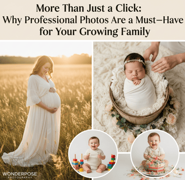 Professional family photography collage featuring maternity, newborn, and baby first birthday cake smash portraits.