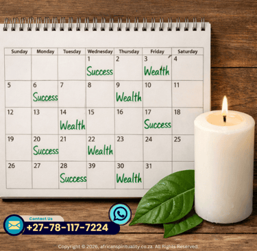 A calendar with 'Success' and 'Wealth' marked on various days, beside a lit candle and green leaves, symbolizing spiritual