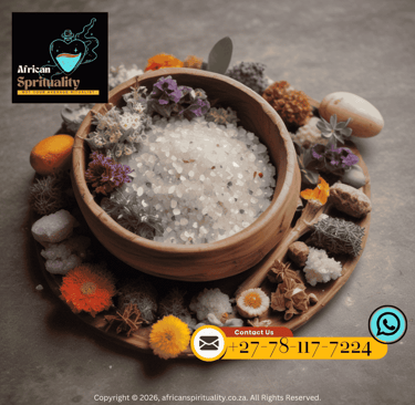 A wooden bowl filled with white ritual sea salt surrounded by dried flowers and herbs for spiritual cleansing.