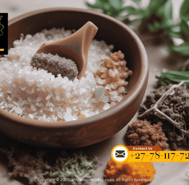 A wooden bowl filled with white ritual salts and herbs for African spiritual healing practices.