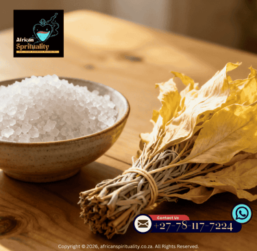 Natural sea salt in a ceramic bowl beside a bundle of dried sage for spiritual cleansing rituals.