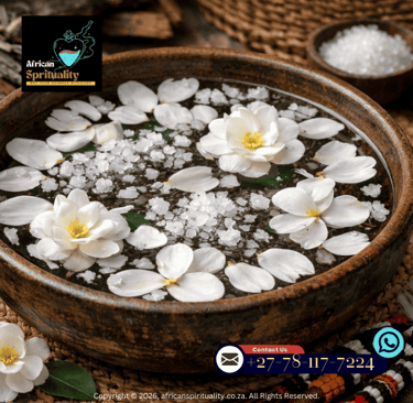 White flowers and ritual salt crystals floating in a ceremonial clay bowl for African spiritual cleansing.
