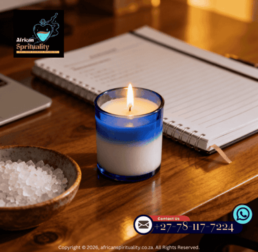 A blue and white lit prayer candle on a wooden desk with a spiral notebook and salt bowl.