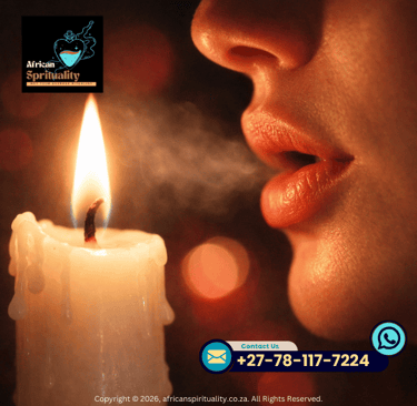 A person blowing out a glowing candle flame for spiritual rituals and manifesting intentions.