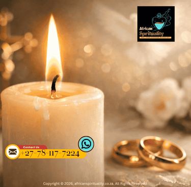 A glowing white candle flame beside gold wedding rings for African spirituality marriage rituals.