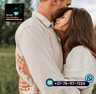 A romantic couple embracing in a field for African Spirituality love spells and relationship healing.
