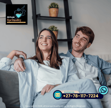 A happy couple sitting on a sofa with African Spirituality branding and contact information.