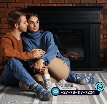A couple in warm sweaters cuddling on a rug by a black fireplace with a brick background.