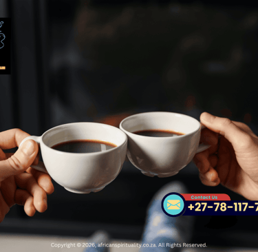 Two people holding white coffee cups in a toast by African Spirituality ritualist services.