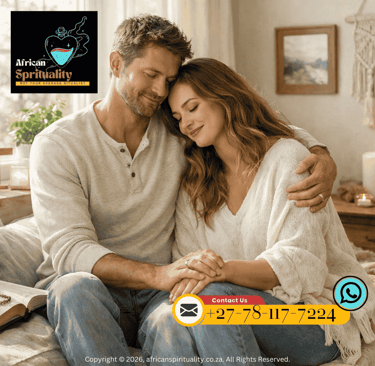 A loving couple embracing for African Spirituality relationship rituals and love spells.