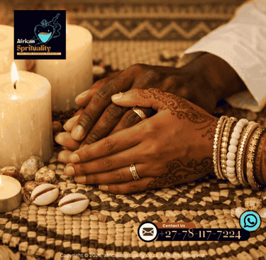 Traditional African spiritual wedding ceremony with joined hands, henna art, and sacred candles.