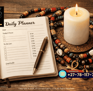 A daily planner with a pen, burning white candle, and African beaded necklace for spiritual ritual planning.
