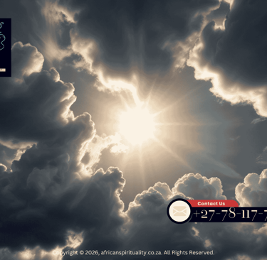 Bright sun shining through dark dramatic clouds for African Spirituality ritual services.