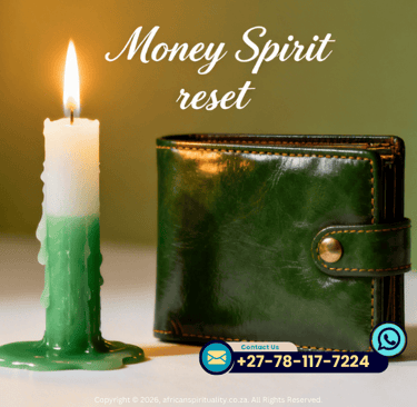 A money spirit reset ritual featuring a burning green and white candle next to a leather wallet.