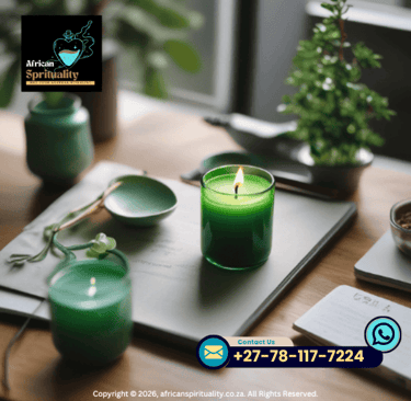 Green prayer candles for African spirituality rituals on a desk with contact information.