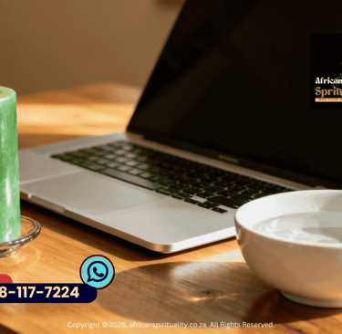 A lit green candle and bowl of water on a wooden desk next to a laptop for African spirituality rituals.