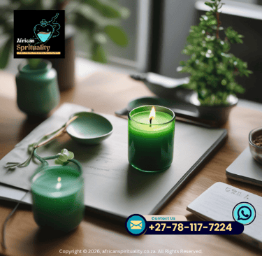 A lit green candle for African spirituality rituals on a desk with herbal plants and accessories.