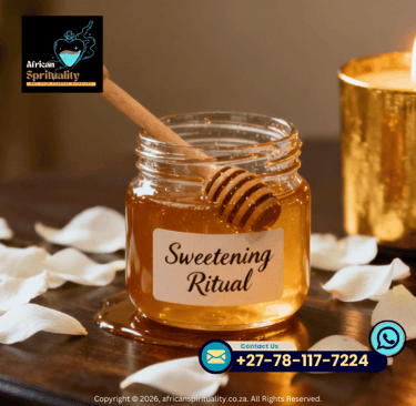 A glass jar of organic honey for a sweetening ritual surrounded by white rose petals and a candle.