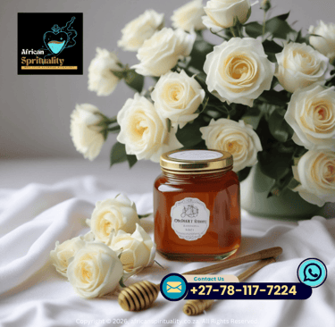Natural honey jar with white roses and wooden dippers on a soft cloth background.