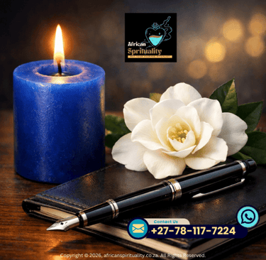 Blue ritual candle with a white flower and fountain pen on a journal for African spirituality.