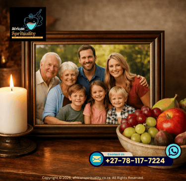 Framed happy family portrait next to a lit candle and fresh fruit for spiritual rituals.