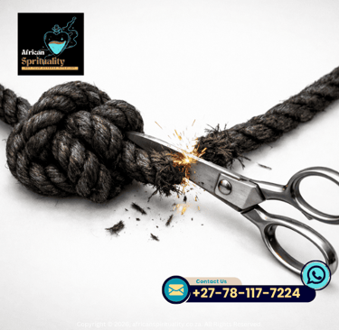 Sharp scissors cutting through a thick knotted rope for spiritual knot breaking and release rituals.