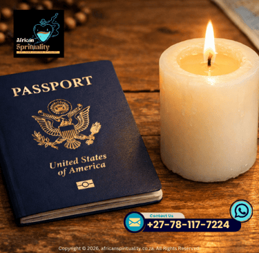United States passport resting on a wooden surface next to a lit white prayer candle.