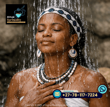 A woman in traditional African beaded jewelry performing a spiritual water cleansing ritual under a waterfall.