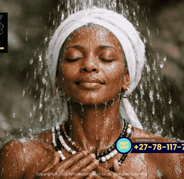 A woman experiencing an African spirituality spiritual cleansing ritual under a natural waterfall.