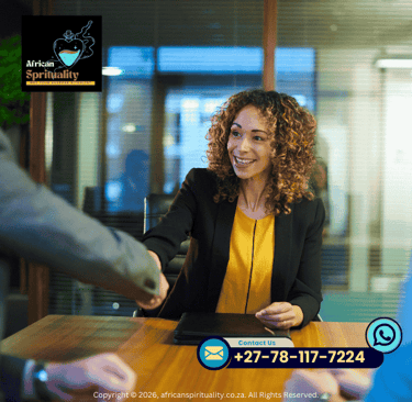 A smiling woman shaking hands in a business meeting for African Spirituality ritual services.