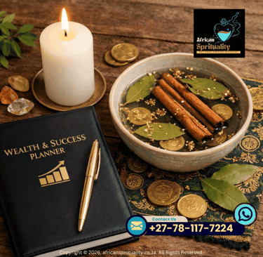 A spiritual wealth and success ritual, with a planner, burning candle, coins, cinnamon sticks, and bay leaves in a bowl