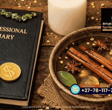 African spirituality money ritual with a professional diary, gold coins, and cinnamon sticks in water.
