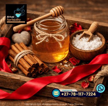 Natural honey jar with cinnamon sticks, sea salt, and red rose petals for spiritual rituals.