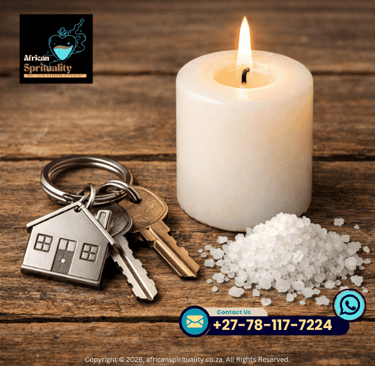 Spiritual house cleansing ritual with a white candle, keys, and sea salt on a wooden table.