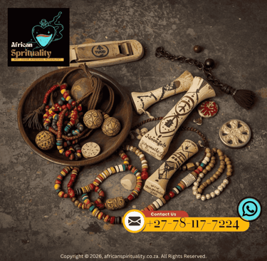 Collection of traditional African spirituality tools including bone diviners, beads, and ritual amulets.