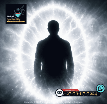 Silhouette of a man entering a glowing spiritual portal representing African spirituality and ancestral connection.