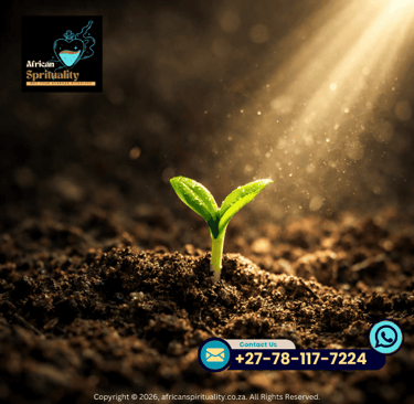 A small green seedling sprouting from fertile soil under a beam of spiritual divine light.