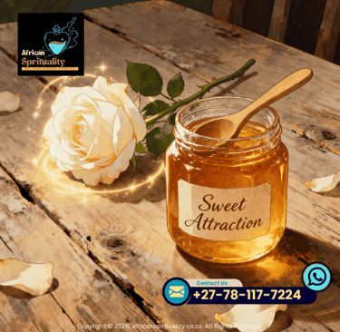 Sweet Attraction honey jar with a white rose on a wooden table for spiritual love rituals.