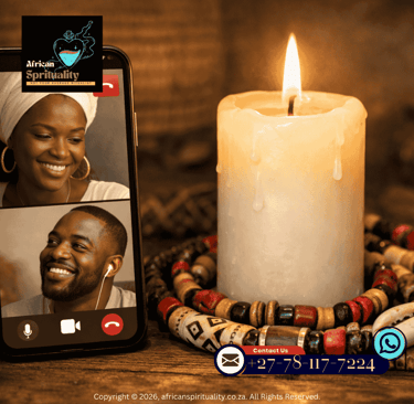 A glowing candle and African prayer beads next to a smartphone showing a spiritual video consultation.