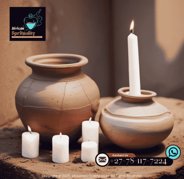 Traditional African spiritual pottery clay pots with lit white candles for ritual use.